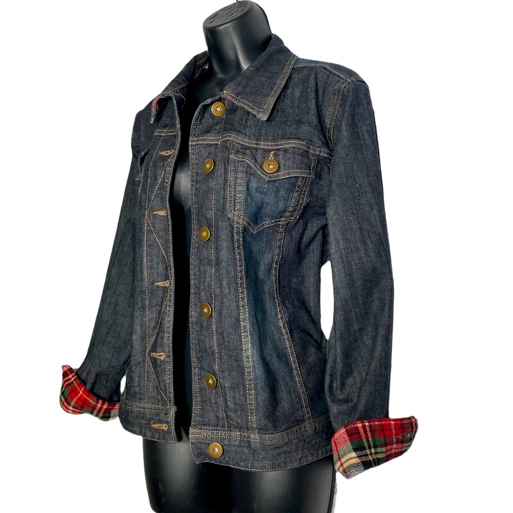 Coldwater Creek dark denim and red plaid jean jacket women’s petite XL